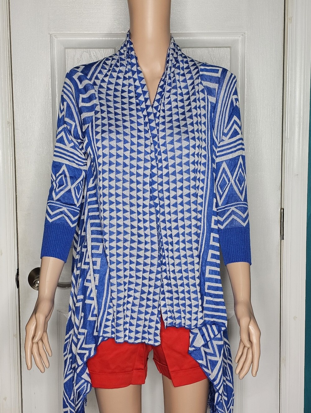 ONE WORLD Blue and White Geometric Open-Front Tunic Cardigan NWT